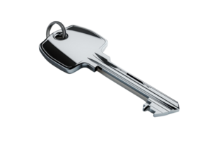 High-quality image of a single silver key on a transparent background. perfect for real estate, security, and access concept visuals. png