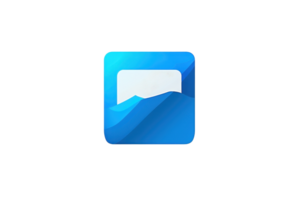 Minimalistic mobile application icon design with a blue and white color scheme, featuring a stylized chat bubble in the center. png