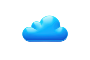 Bright blue cloud icon, representing cloud computing and digital storage, isolated on a transparent background. Glossy and modern design. png