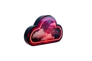 3D neon cloud icon with digital elements and reflections, symbolizing modern cloud computing and futuristic technology. png