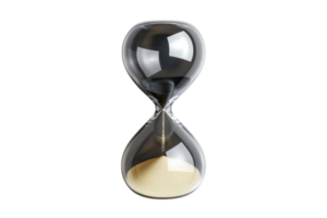 A transparent hourglass with black sand, symbolizing the passage of time with a modern and sleek design. png