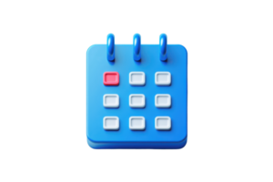 3D icon of a blue calendar with a highlighted red date, representing time, schedule, and planning. Perfect for business and event-related visuals. png