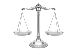 A silver balance scale representing justice and fairness, isolated on a transparent background. Ideal for law and legal concepts. png