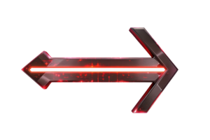 Futuristic neon arrow with glowing red accents pointing right, isolated on transparent background. Modern design element for user interfaces and graphics. png