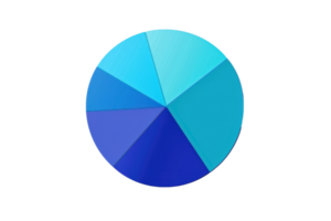 Colorful 3D pie chart with various blue shades representing data visualization and business analytics on transparent background. png