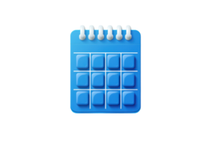 3D illustration of a blue calendar icon with spiral binding, representing date and scheduling. Ideal for apps, web designs, and planning concepts. png