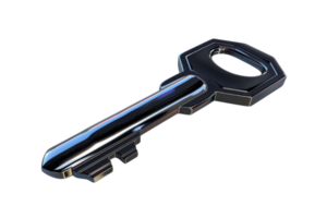 High-quality image of a metallic key with a shiny, reflective surface. Perfect for security, access, or technology-related themes. png