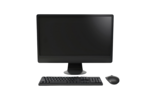 Modern desktop computer setup with monitor, keyboard, and mouse on transparent background. isolated image ideal for technology themes. png