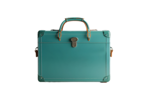 Elegant turquoise briefcase with brown leather handles and accents, perfect for business professionals and stylish office accessories. png