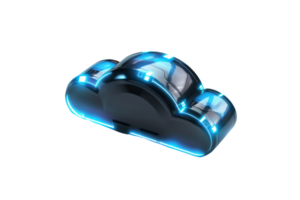 3D render of a futuristic glowing cloud icon, representing cloud computing and digital storage technology, isolated on transparent background. png