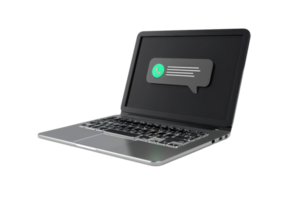 A laptop displaying a chat notification on the screen, representing communication, messaging, and modern technology. png