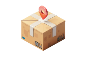 Cardboard box with location pin, delivery and shipping concept, isolated on transparent background. logistics and package tracking. png