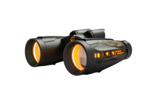 High-tech black binoculars with orange-glow details, isolated on a transparent background. perfect for technology and adventure themes. png