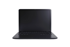 Front view of a black laptop with a blank screen, isolated on a transparent background. Perfect for business, technology, and work concepts. png
