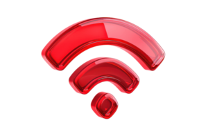 Glossy red Wi-Fi symbol icon representing internet connectivity and wireless network in a modern 3D design on a transparent background. png