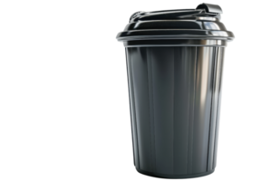 Close-up of a black garbage can with a lid, isolated on a transparent background. Perfect for waste management, recycling, and cleanliness themes. png