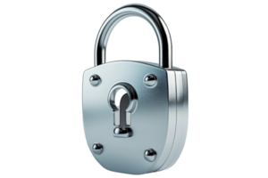 Close-up of a shiny silver padlock with a keyhole, representing security, protection, and safety. Isolated on a transparent background. png