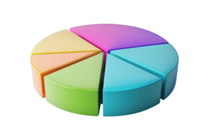 3D colorful pie chart illustration with six segments in various shades, ideal for data visualization and business presentations. png
