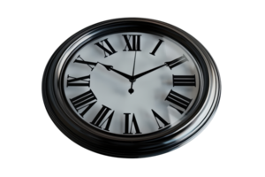 Analog wall clock with Roman numerals and elegant black frame. Classic timepiece for home decor, office, and time management. png