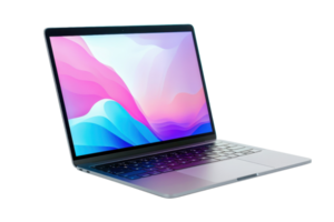Open laptop displaying a vibrant screen with colorful hues, isolated on a transparent background. highlighting modern technology. png