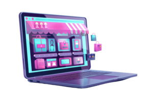 Illustration of an open laptop with an online store displaying e-commerce items, representing digital shopping and online retail. png
