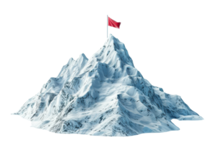 Snow-covered mountain peak with a red flag at the summit, symbolizing achievement and adventure. png