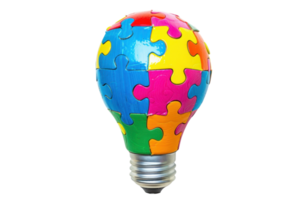 Colorful puzzle pieces forming a light bulb, symbolizing creativity, innovation, and problem-solving in a unique and artistic manner. png