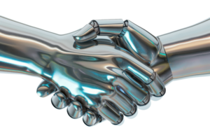 Close-up of two metallic robotic hands shaking, symbolizing partnership and futuristic technology. 3D rendering in silver tones. png