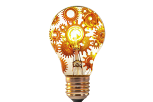 Creative light bulb with golden gears inside, symbolizing innovative ideas and mechanical technology, isolated on transparent background. png