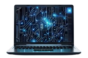 Open laptop with digital circuit board on screen, representing technology and data processing concept. png