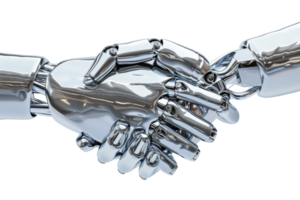 Close-up of two robotic hands shaking. Symbol of technology, cooperation, future, and artificial intelligence. png