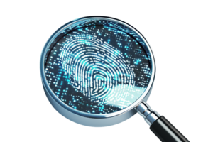 Magnifying glass examining a digital fingerprint representing security, forensic analysis, and biometric technology. png