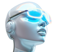 Futuristic robot with advanced VR headset and headphones, representing cutting-edge technology and innovation in artificial intelligence. png