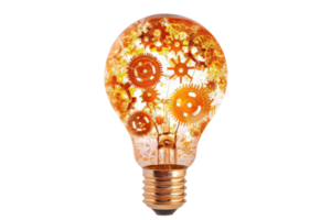 Creative light bulb with gears and mechanical components inside, symbolizing innovation and engineering. Isolated on transparent background. png