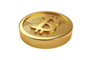 Golden Bitcoin coin symbolizing cryptocurrency and blockchain technology, isolated on transparent background. png