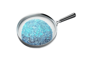 Close-up of a fingerprint under a magnifying glass, representing forensic analysis, investigation, and identity verification. png