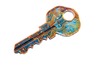 Close-up of a futuristic key with an integrated circuit board design, symbolizing technology and digital security in a colorful style. png