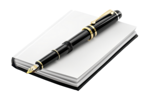 Elegant black fountain pen placed on an open blank notebook, perfect for writing, journaling, or business tasks. High-quality stationery. png