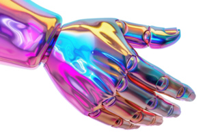 Colorful robotic hand with iridescent colors, showcasing futuristic technology and innovative design on a plain transparent background. png