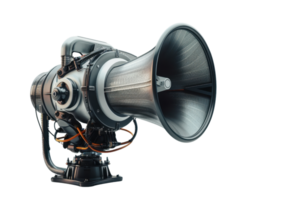 A powerful and futuristic industrial megaphone with intricate details, isolated on a transparent background. ideal for technology and machinery themes. png