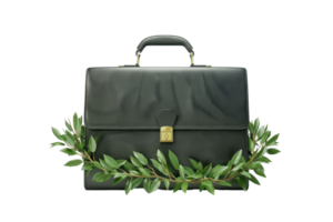 Elegant black leather briefcase with gold lock clasp, adorned with green laurel wreath, isolated on white. png