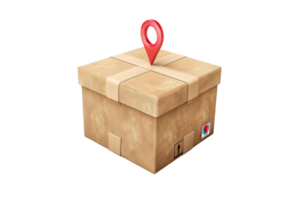 Cardboard box with a red location marker on top, symbolizing delivery and logistics services. transparent background. isolated, no shadow. png