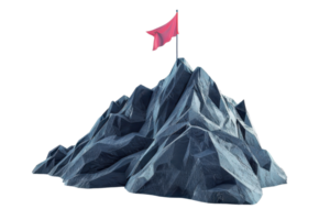 3D illustration of a mountain peak with a red flag on top, symbolizing achievement and success. png