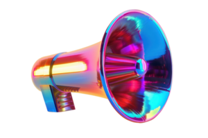Colorful metallic megaphone with a vibrant, reflective surface isolated on transparent background. Bright and shiny communication tool. png