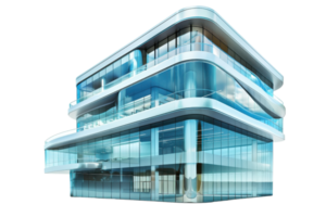 Modern glass office building with futuristic architectural design featuring sleek curves, large windows, and reflective surfaces. png