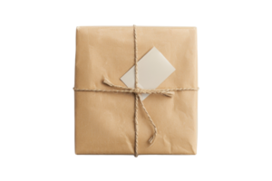 Gift package wrapped in brown paper and tied with string. Includes a blank card. Ideal for holidays, birthdays, and special occasions. png