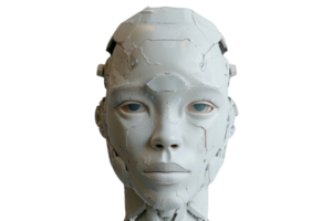 Close-up of a humanoid robot face, showcasing detailed features and advanced artificial intelligence design. png