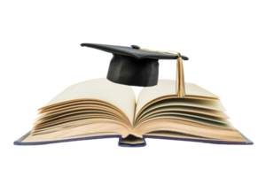 Open book with a graduation cap symbolizing education, learning, and academic achievement. Perfect for school and college themes. png