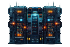 Futuristic server room with high-tech equipment, glowing lights, and intricate machinery for advanced computing and data processing. png