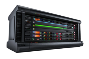 High-performance server rack with multiple servers for data center, featuring advanced technology and vibrant indicator lights. png